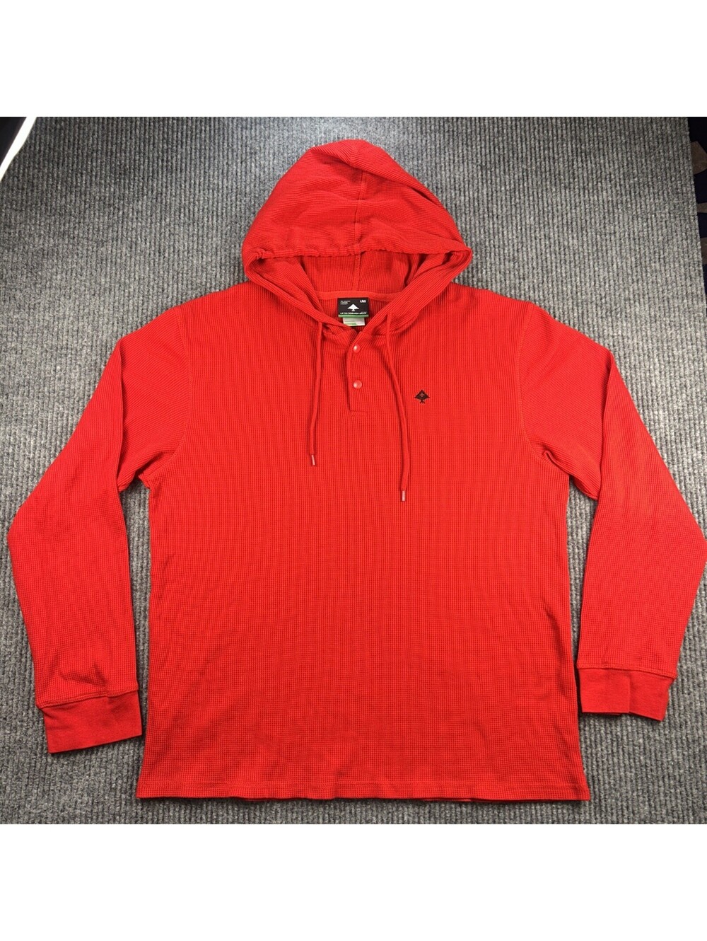 LRG Tree Patch Waffle Knit L Red Button Drawstring Hoodie Skater Y2K